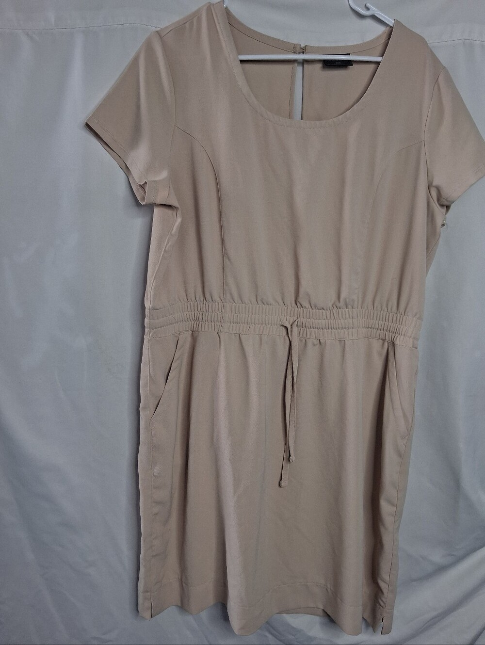 Beige Short Sleeve Drawstring Waist Dress - Women Lg
